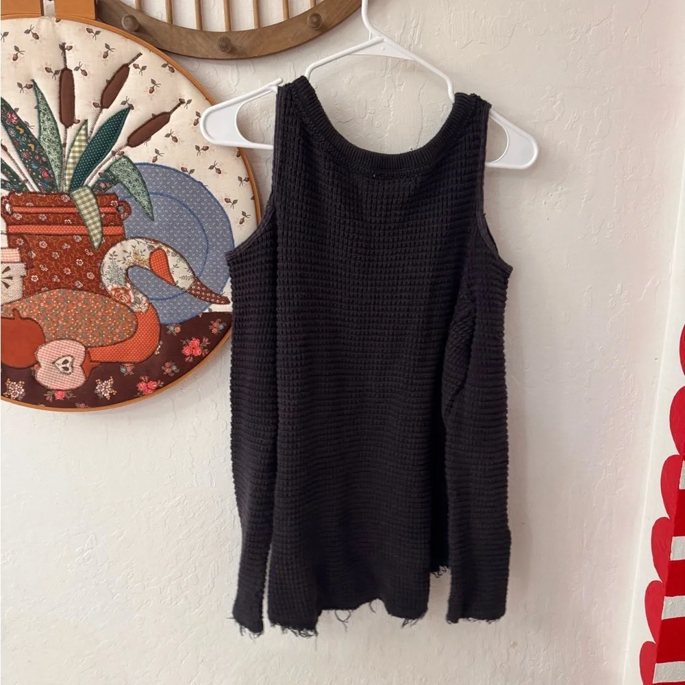 FREE PEOPLE Sunrise Cold Shoulder Thermal Boho Knit Top Sweater Black Small